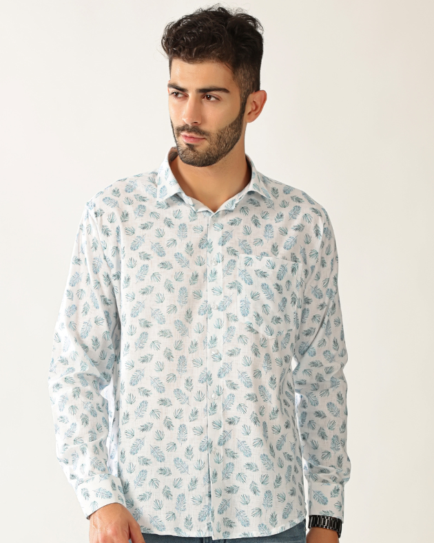 Linen White with Rama Green Print Shirt for Men
