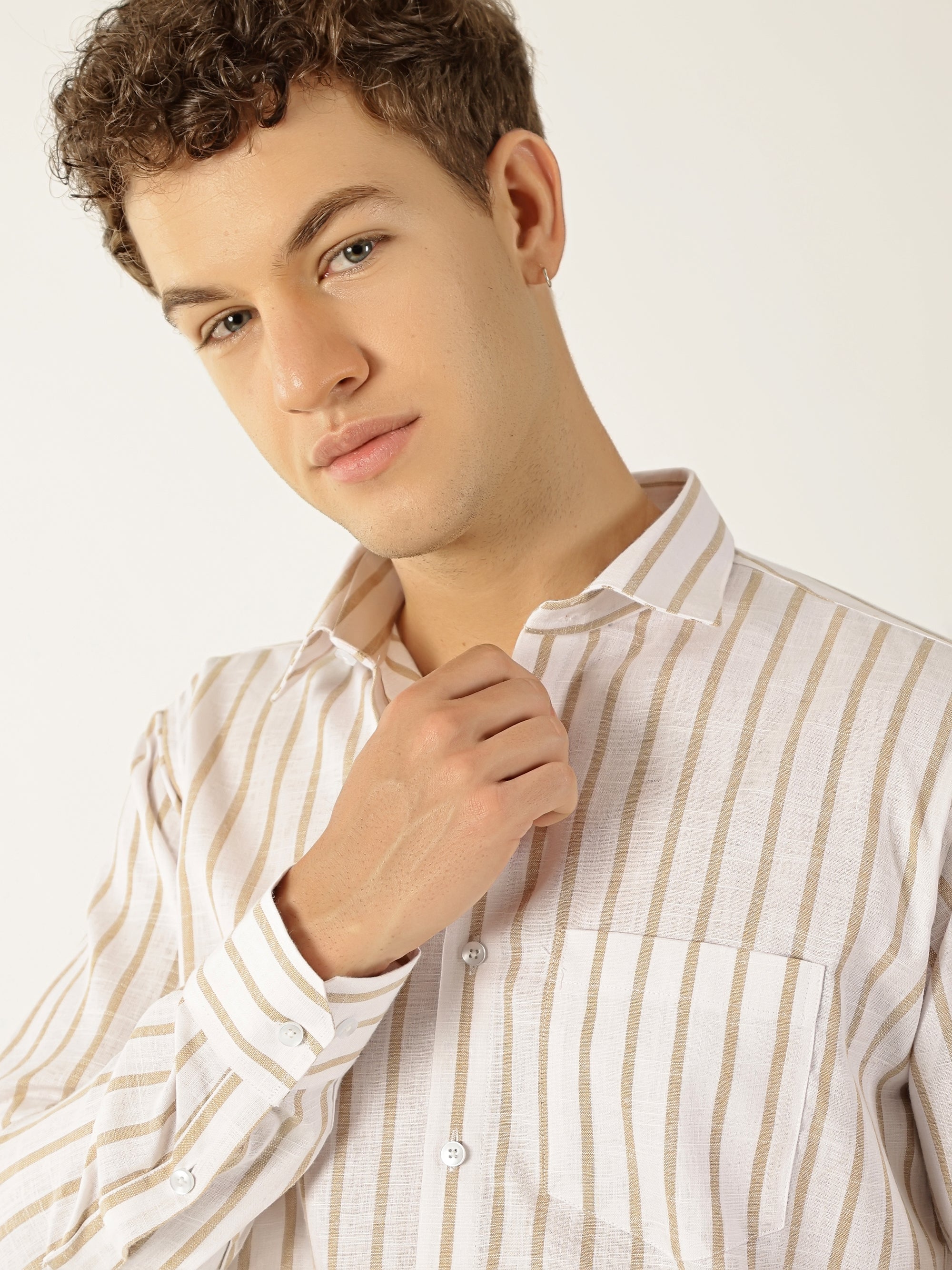 Vertical Stripe White With Beige Colour Men’s Shirt
