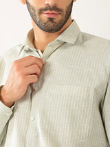 Linen Vertical Small Stripe Green With White Men’s Shirt
