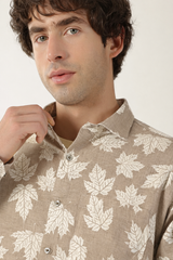 Botanical Leaf Print Cream With Fawn Colour Men’s Shirt