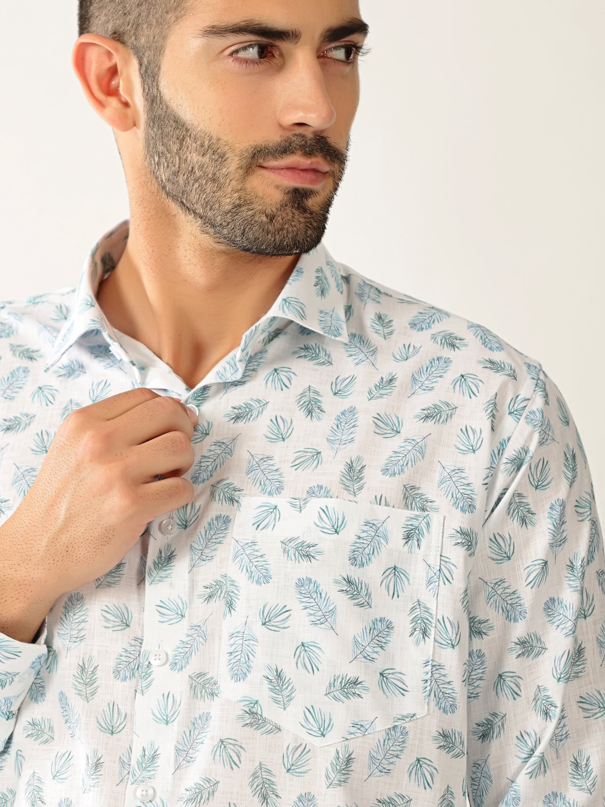 Linen Print White With Rama Green Colour