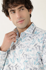 Linen White with Sky Grey Abstract Print Shirt for Men
