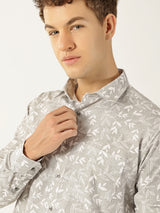 Linen Dusty Brown Botanical Leaf Print Shirt for Men