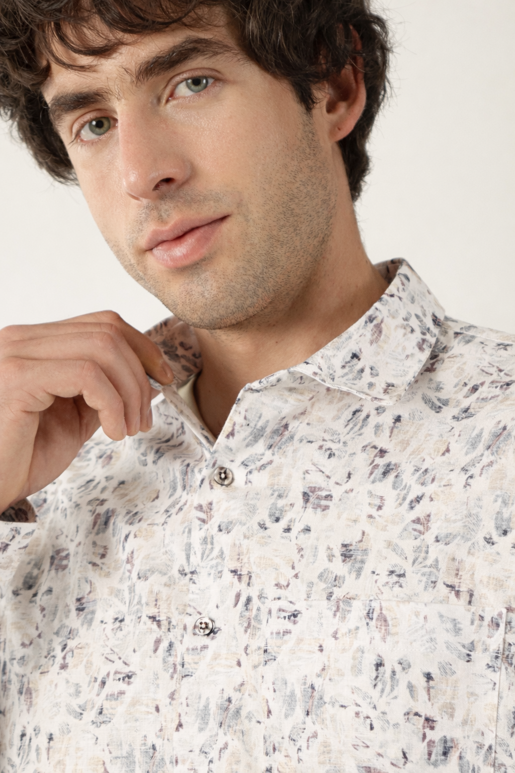 Giza Cotton Leaf Print White With Brown Black Mix Men’s Shirt