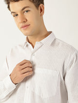 Linen Vertical Small Stripe White With Green Men’s Shirt
