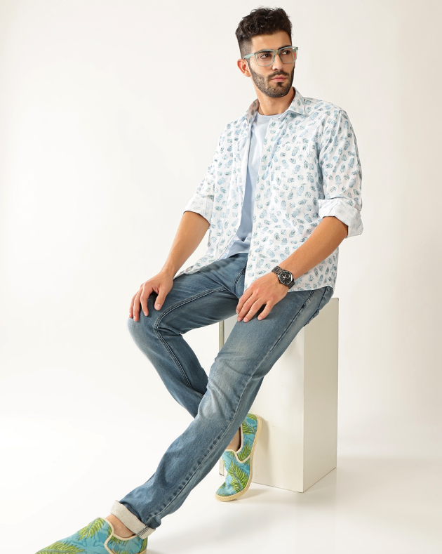 Linen White with Rama Green Print Shirt for Men