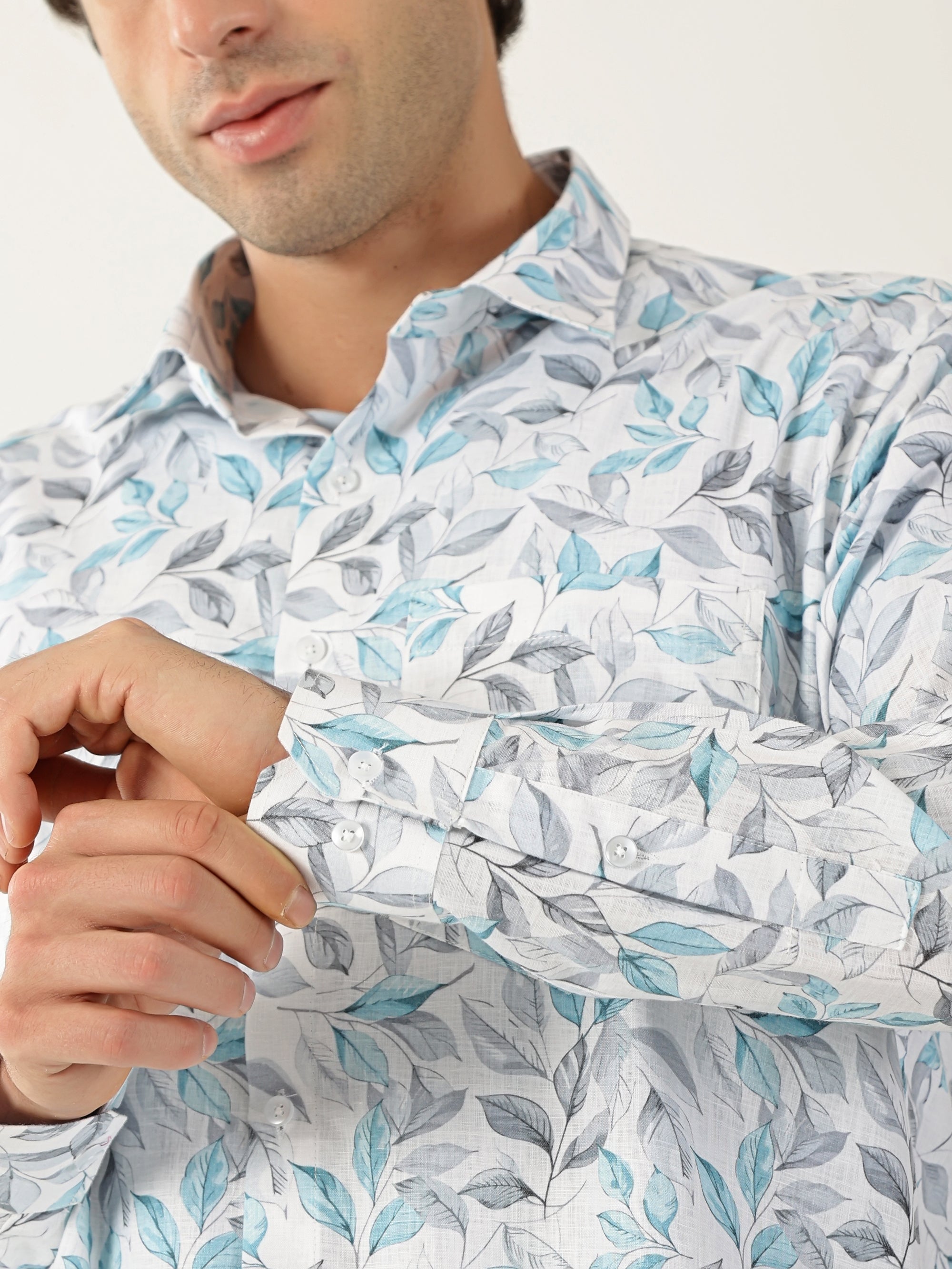 Linen White with Sky Grey Abstract Print Shirt for Men