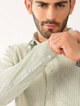 Linen Vertical Small Stripe Green With White Men’s Shirt