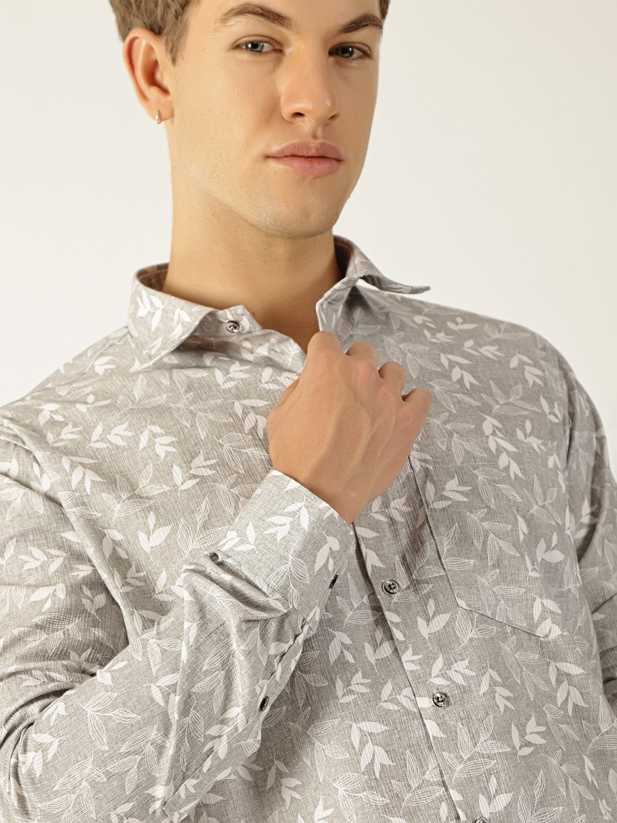 Linen Dusty Brown Botanical Leaf Print Shirt for Men
